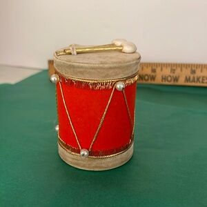 VTG 1940s 50s HANDMADE DRUM CHRISTMAS TREE ORNAMENT 3 1/2" TALL RED WHITE GOLD